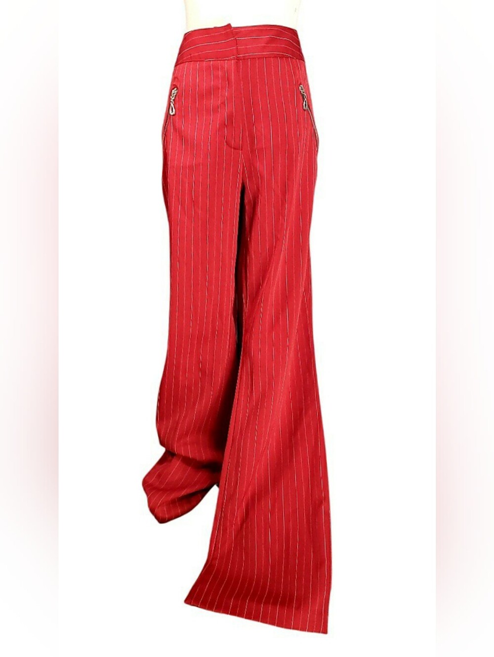 Cache Red Pinstripe Flared Long Trouser Pant Mod Retro Vintage Career Art Pro